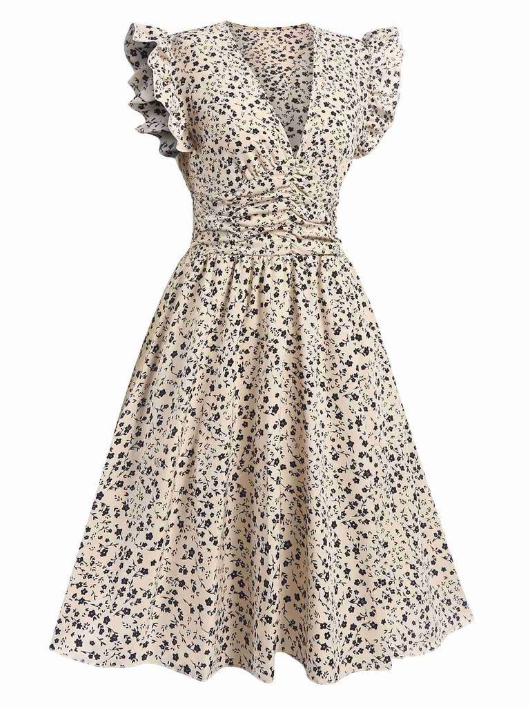 Beige 1960s V-Neck Ruffled Ditsy Floral Dress