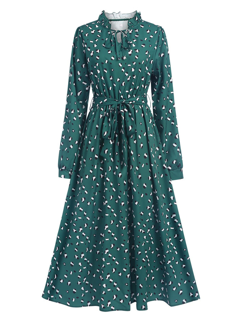 Dark Green 1940s Ruffled Neck Long Sleeve Belted Dress