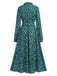 Dark Green 1940s Ruffled Neck Long Sleeve Belted Dress