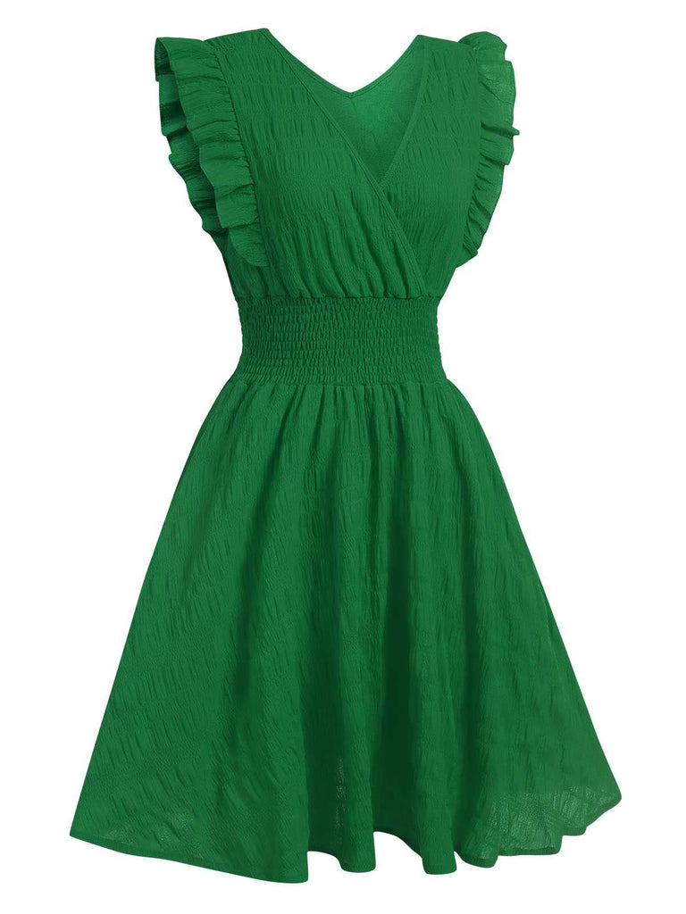 1950s V-Neck Smocked Waist Ruffles Sleeveless Dress