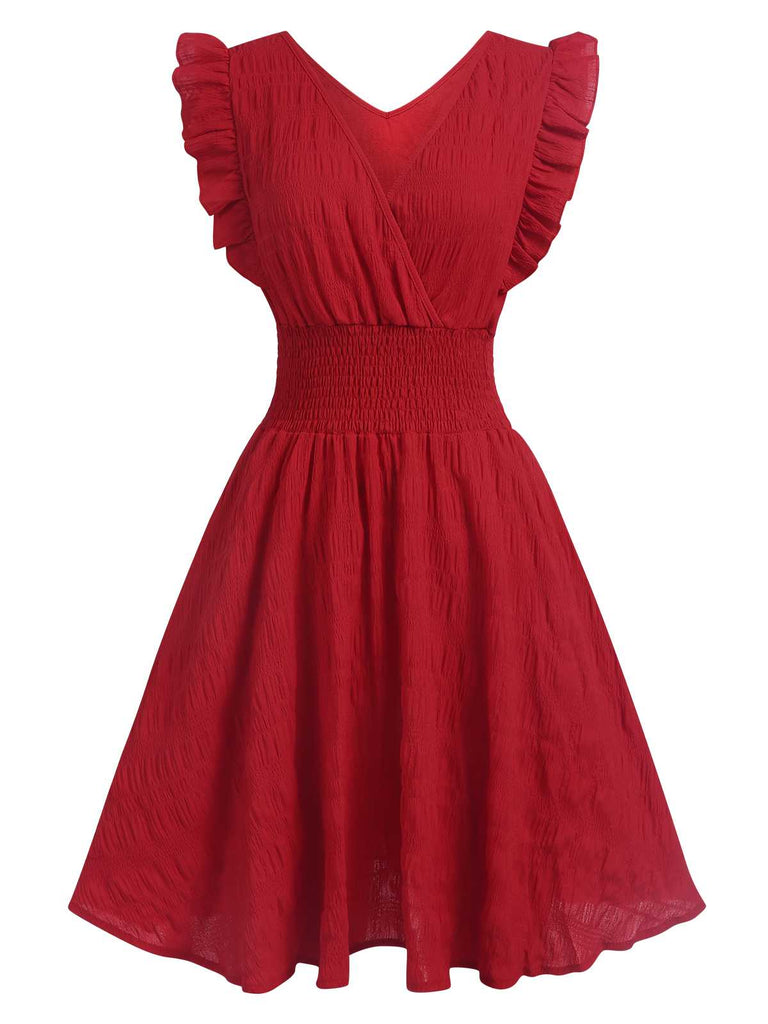 1950s V-Neck Smocked Waist Ruffles Sleeveless Dress