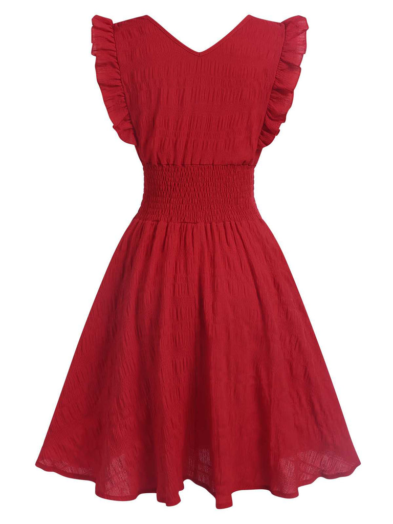 1950s V-Neck Smocked Waist Ruffles Sleeveless Dress