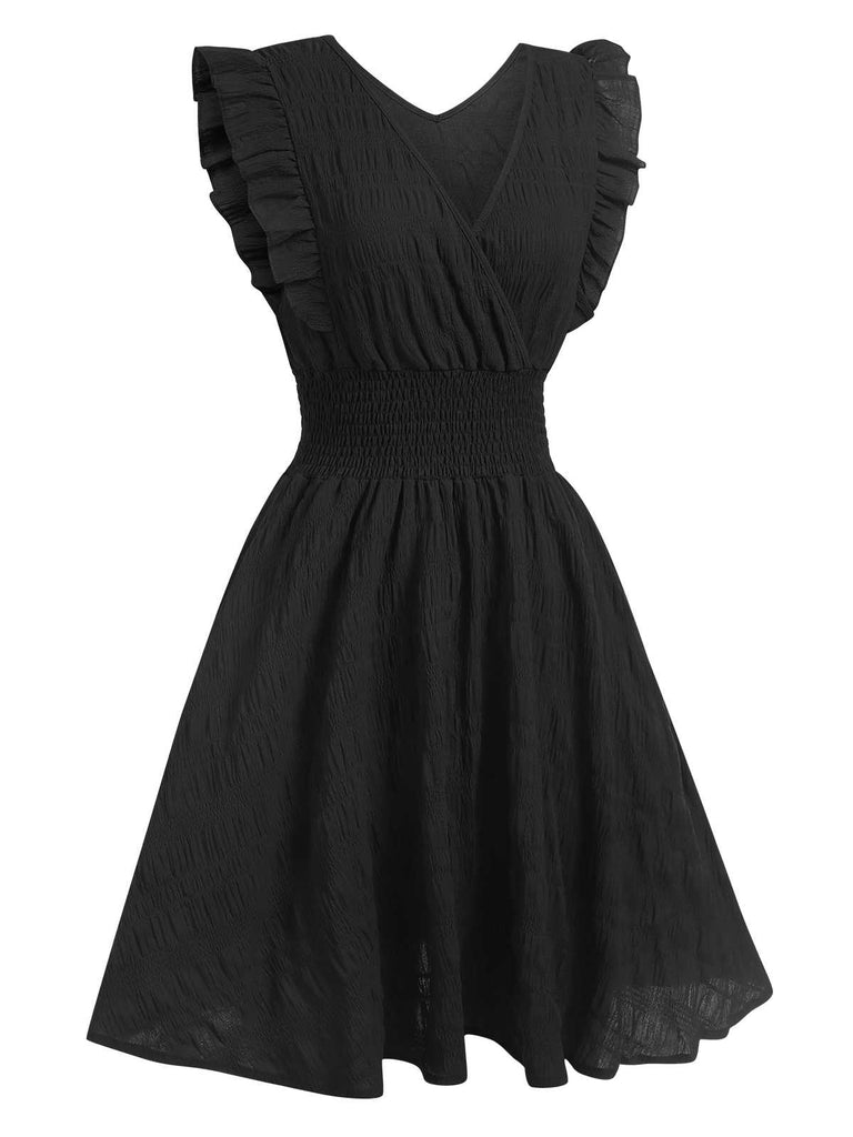 1950s V-Neck Smocked Waist Ruffles Sleeveless Dress