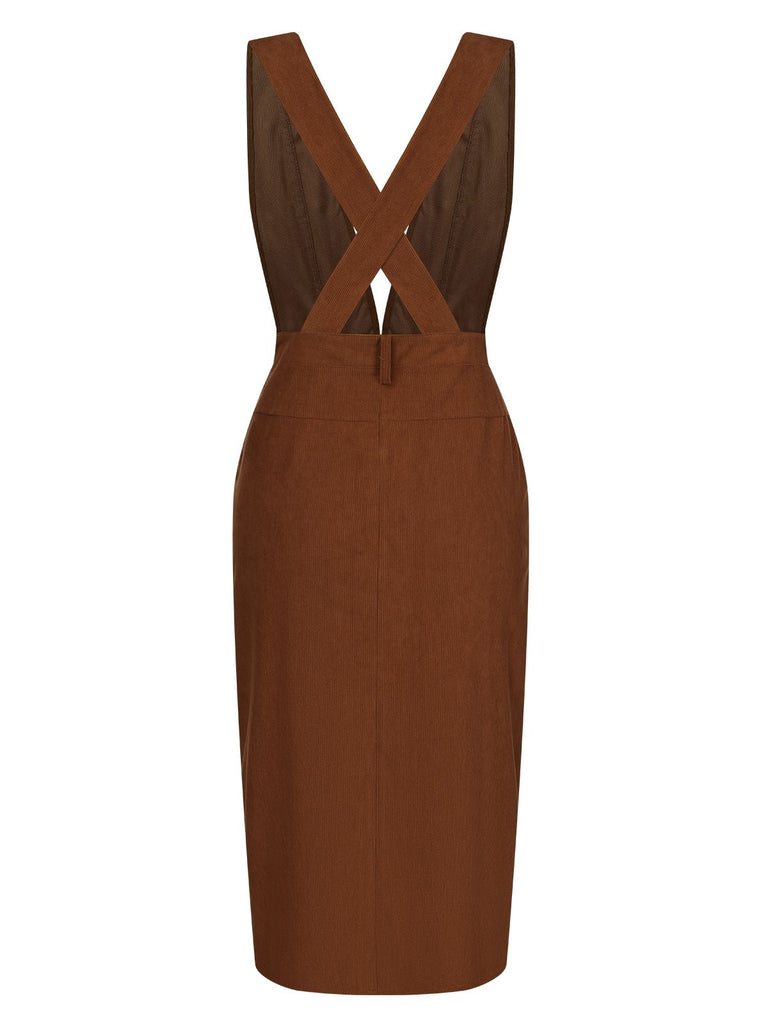 Brown 1960s V-Neck Cross-Back Pinafore Dress