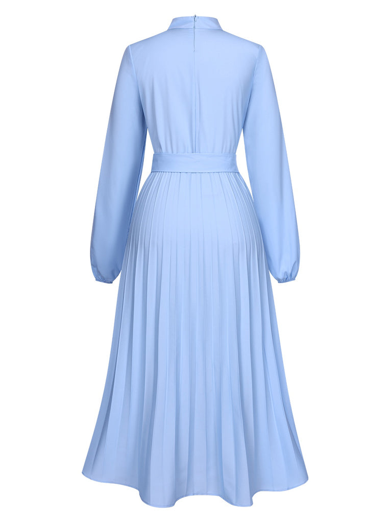 1940s Stand Collar Solid Pleated Dress