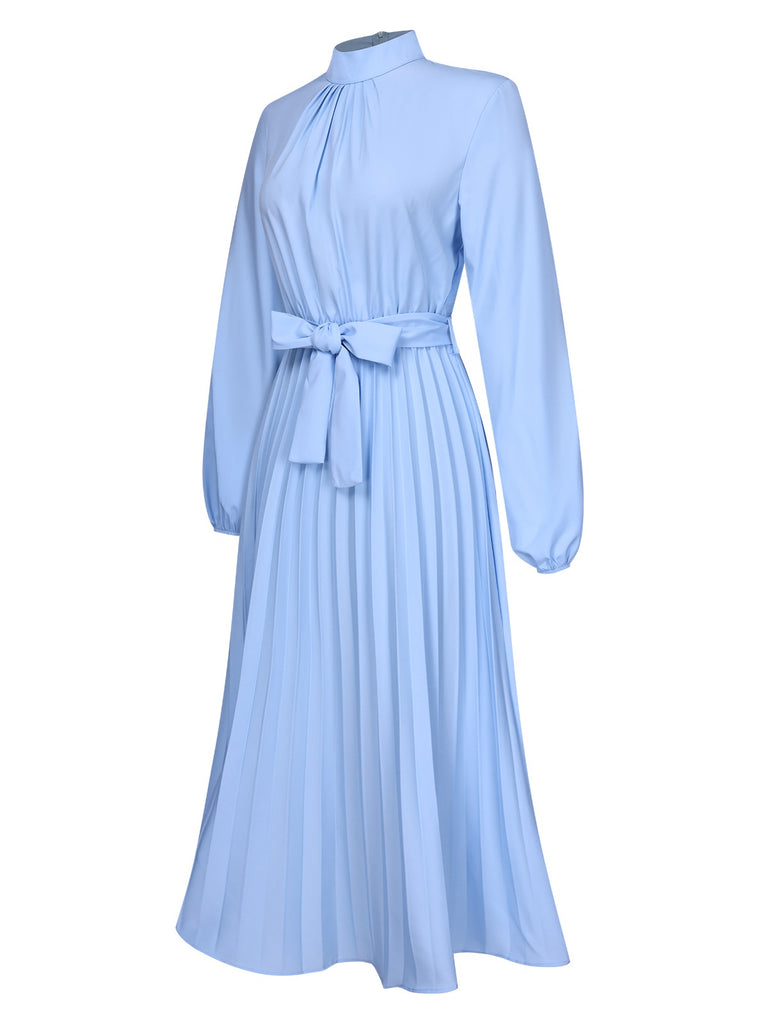 1940s Stand Collar Solid Pleated Dress