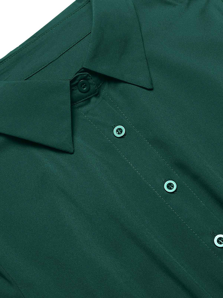 Green 1940s Solid Pleated Shirt Collar Dress