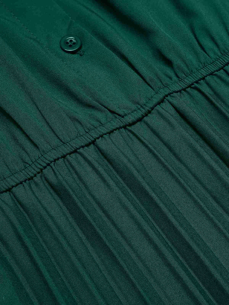 Green 1940s Solid Pleated Shirt Collar Dress