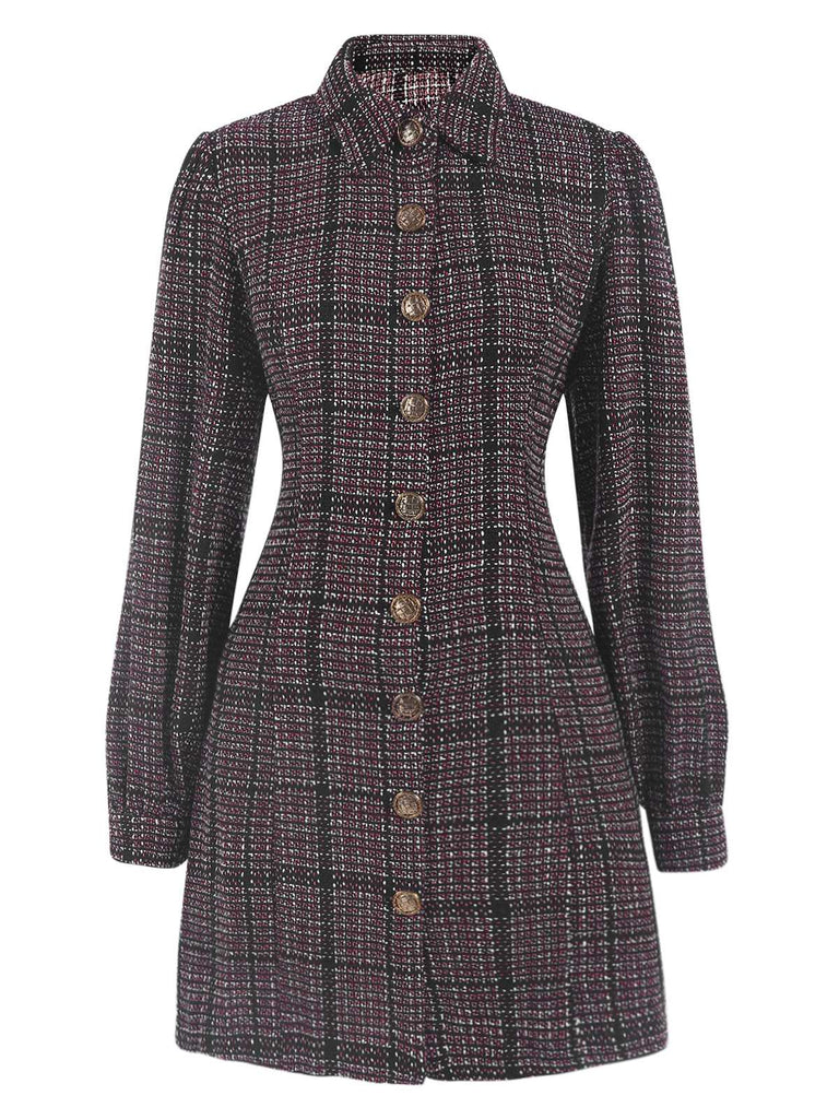 1960s Shirt Collar Lantern Sleeve Plaids Dress