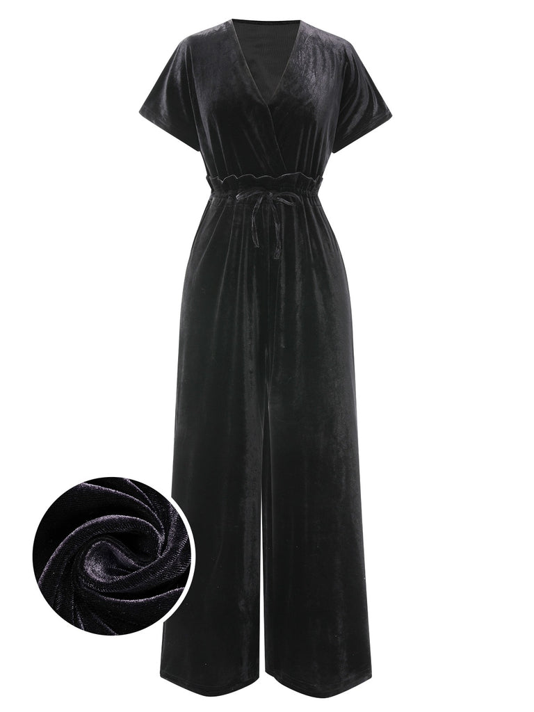 1940s Solid Waist Tie V-Neck Velvet Jumpsuit