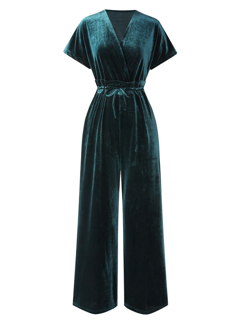 1940s Solid Waist Tie V-Neck Velvet Jumpsuit