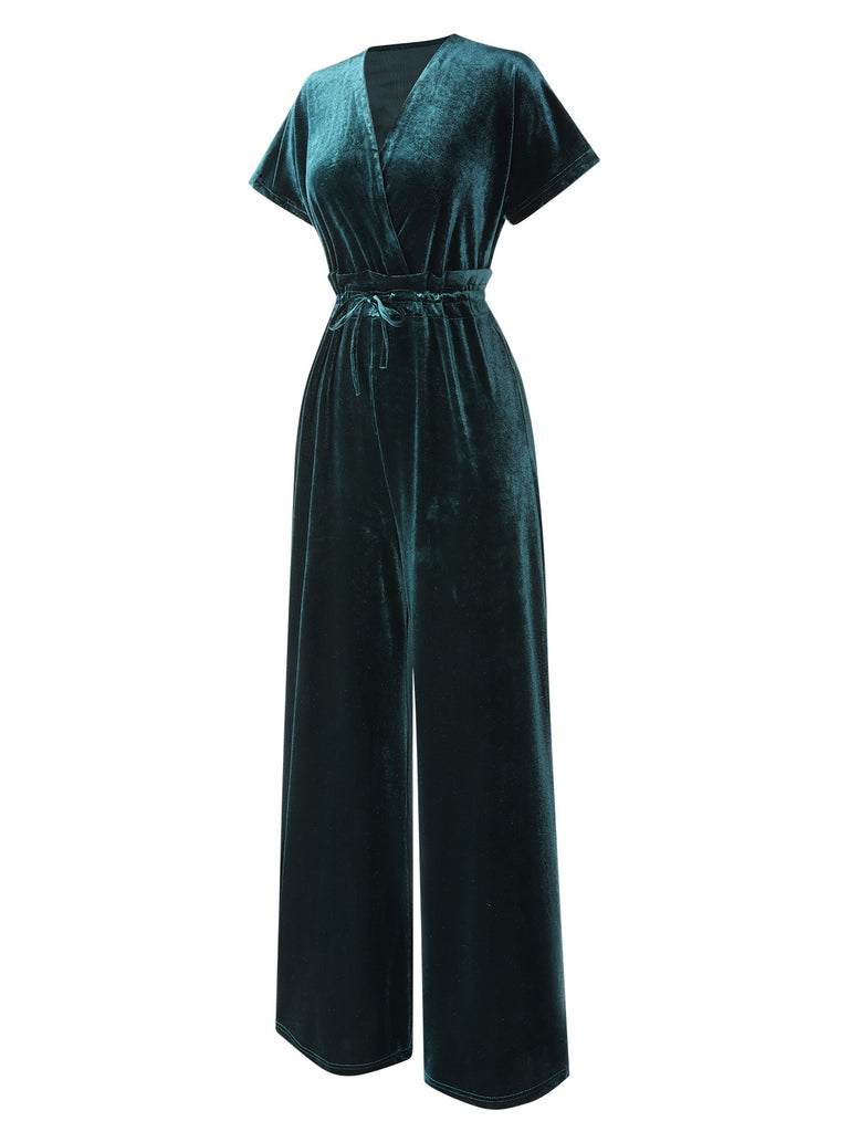 1940s Solid Waist Tie V-Neck Velvet Jumpsuit