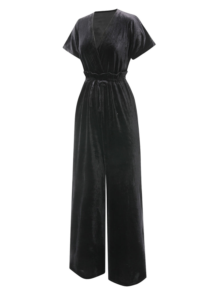 1940s Solid Waist Tie V-Neck Velvet Jumpsuit