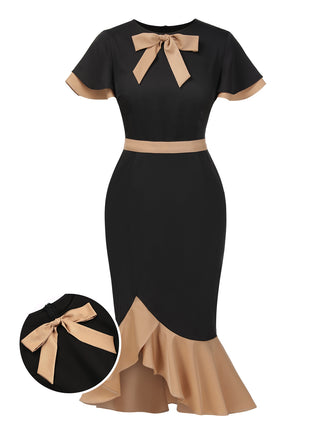 1930s Contrast Bow Tie Ruffle Hem Mermaid Dress