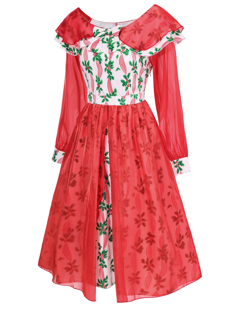 [Pre-Sale] Red 1950s Christmas Plants Patchwork Dress