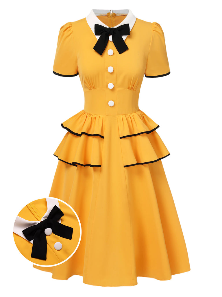 [Pre-Sale] Yellow 1950s Lapel Bow Tie Layered Ruffle Dress