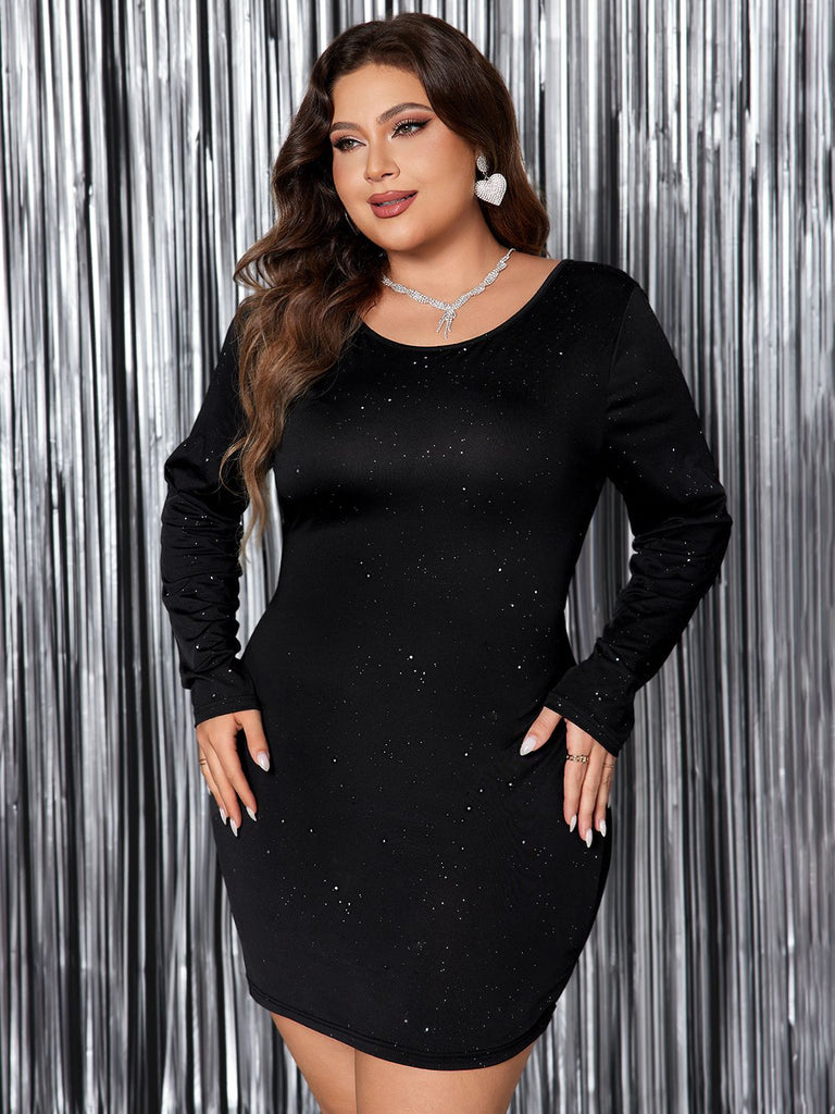 [Plus Size] Black 1970s Back Deep V Dress