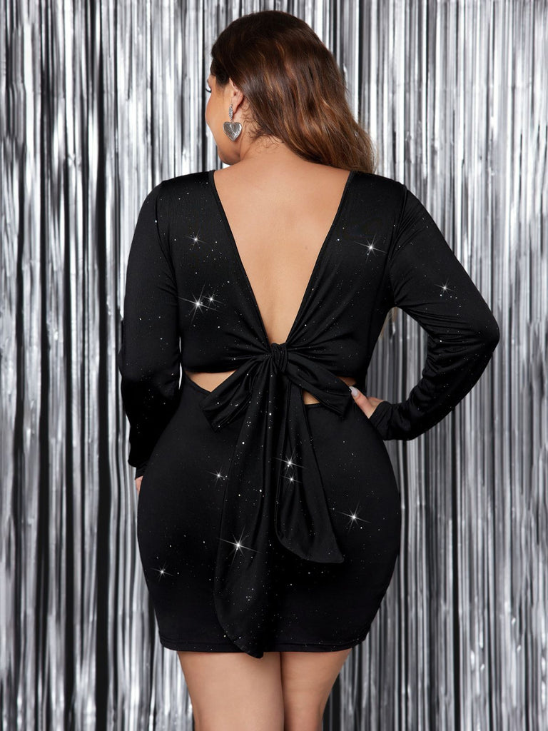 [Plus Size] Black 1970s Back Deep V Dress