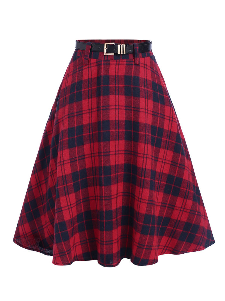 [Pre-Sale] 2PCS Red 1940s Lapel Top & Plaid Skirt