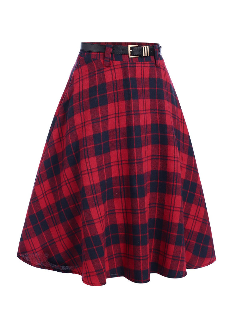 [Pre-Sale] Red 1940s Plaid Belted A-Line Skirt