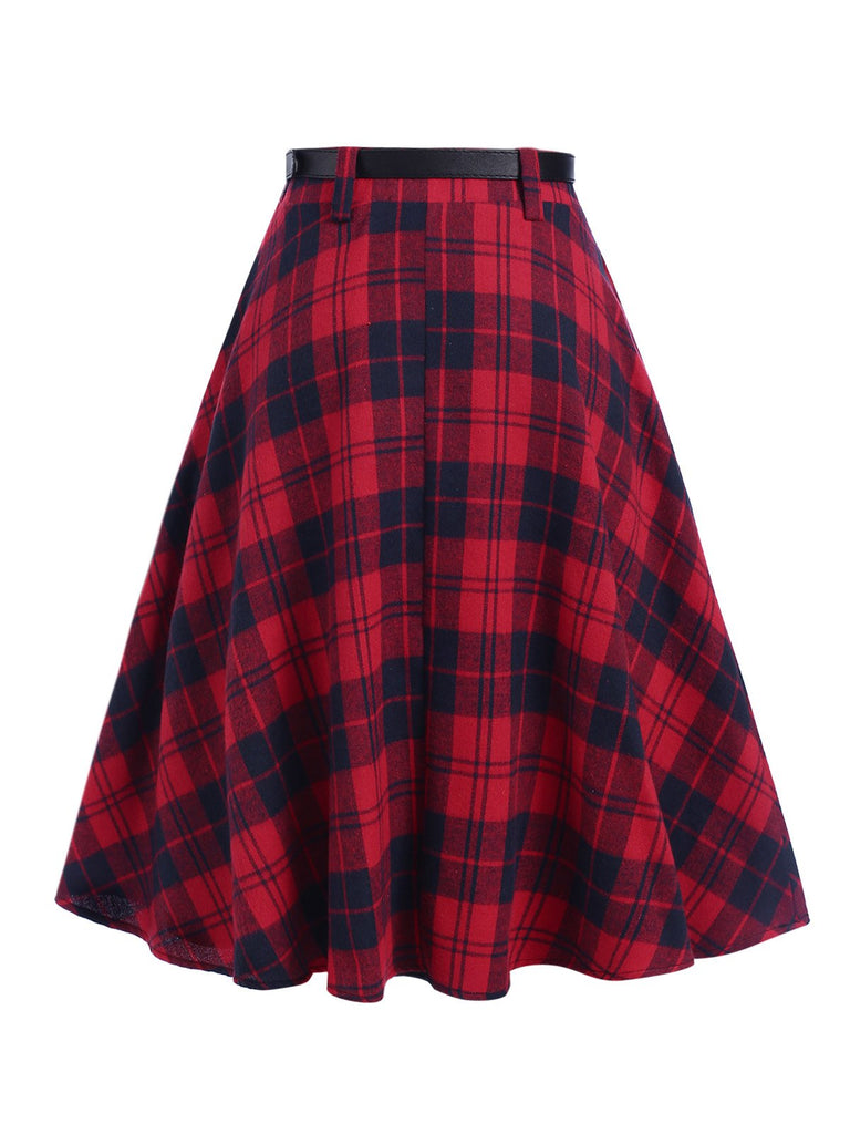 [Pre-Sale] Red 1940s Plaid Belted A-Line Skirt