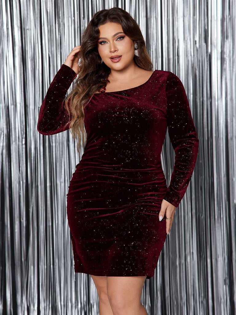 [Plus Size] 1960s Christmas Glitter Velvet Bodycon Dress