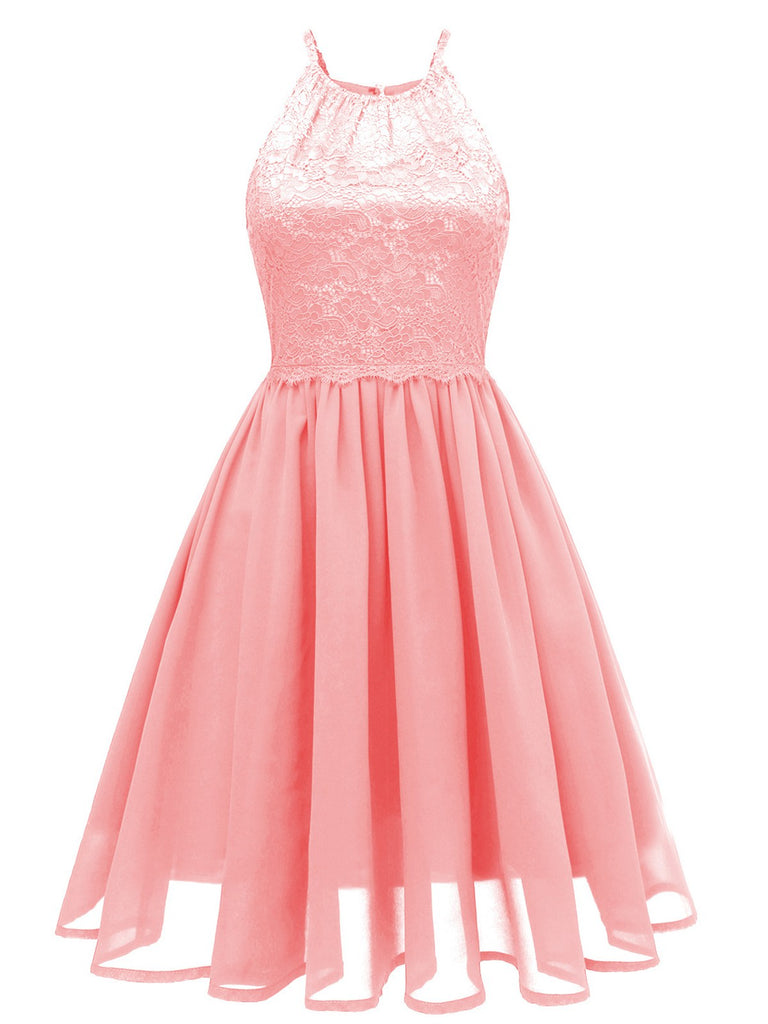 Pink 1950s Back-Hollow Crew Halter Dress