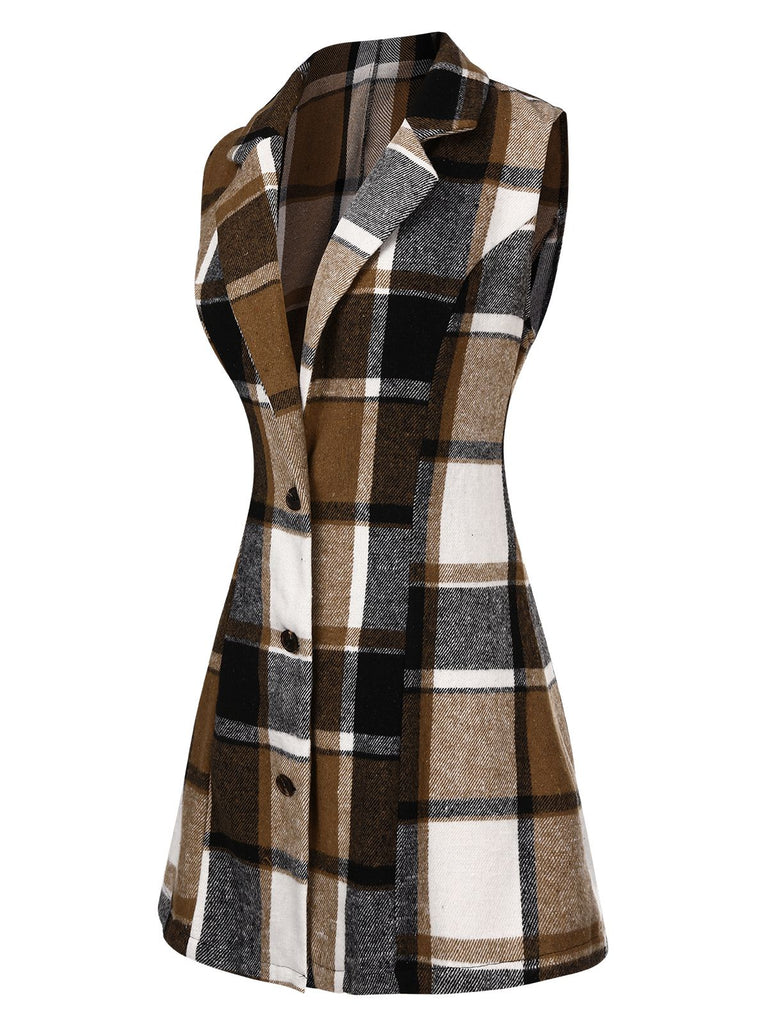 Multicolor 1970s Lapel Plaid Sleeveless Coat