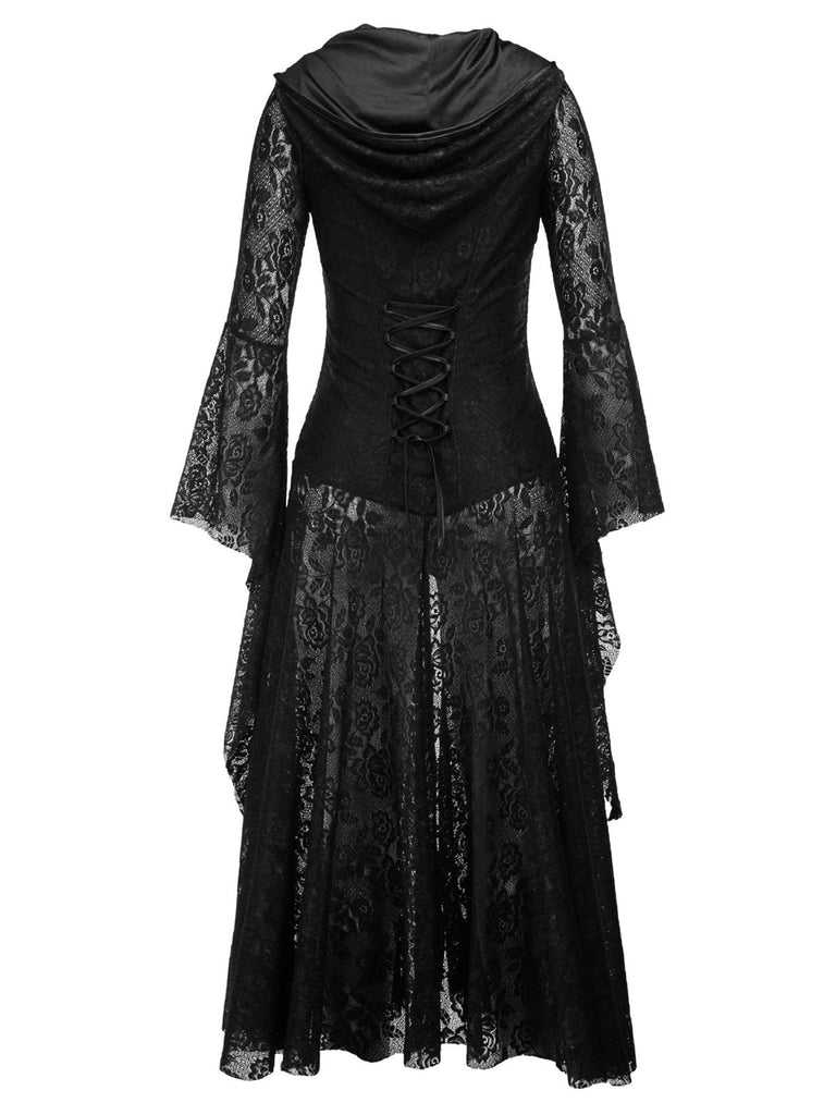 Black 1980s V-Neck Floral Lace Hooded Dress