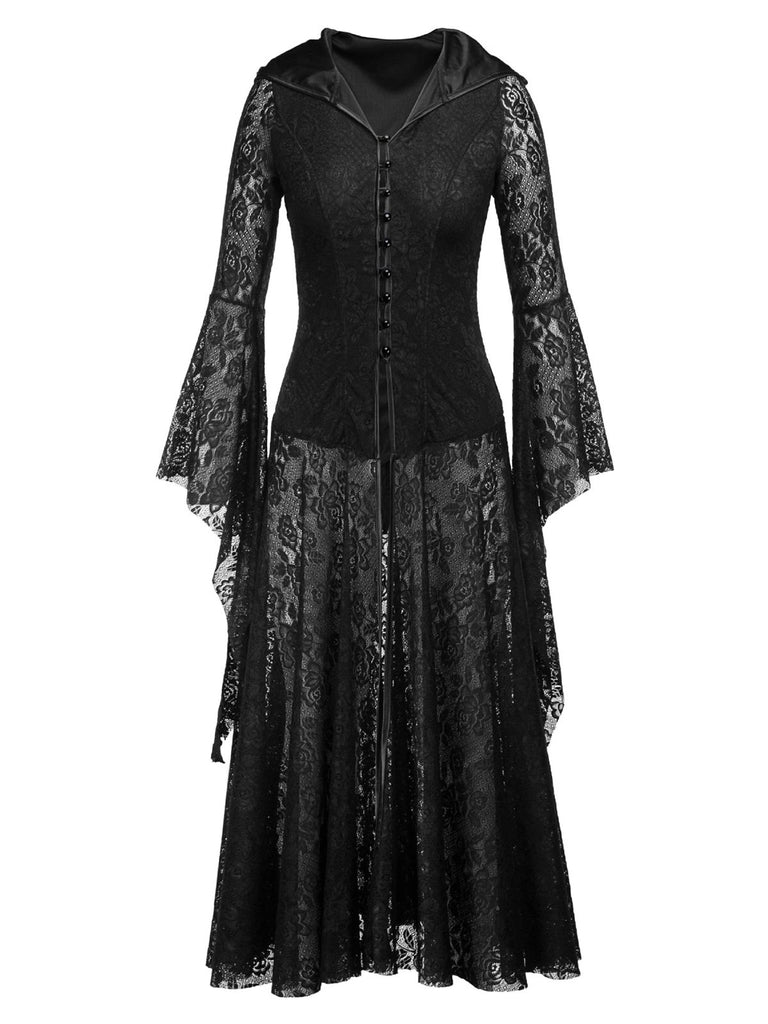 Black 1980s V-Neck Floral Lace Hooded Dress