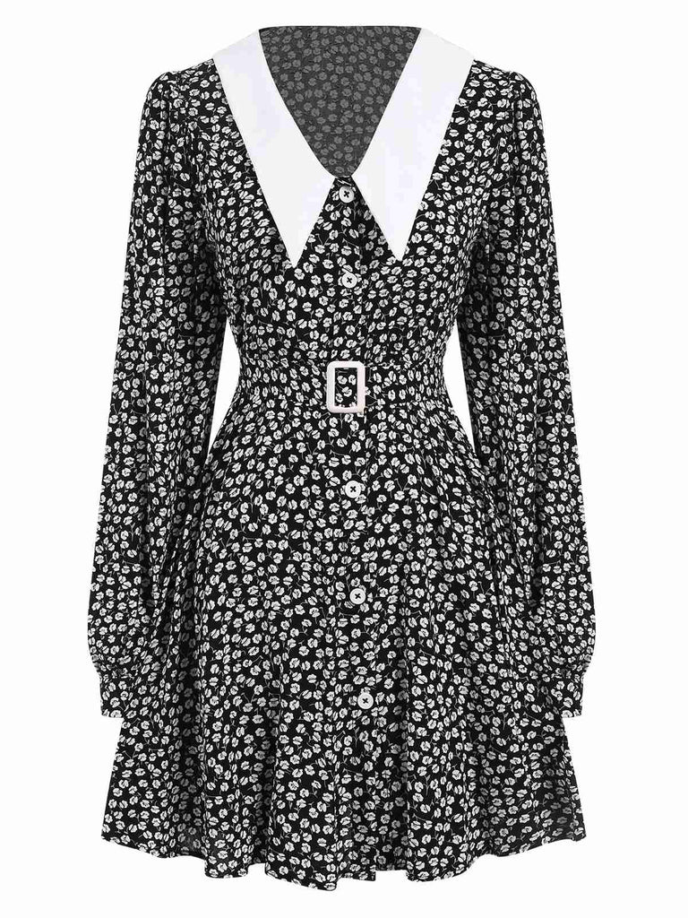 Black 1950s Lapel Lantern Sleeves Ditsy Floral Dress