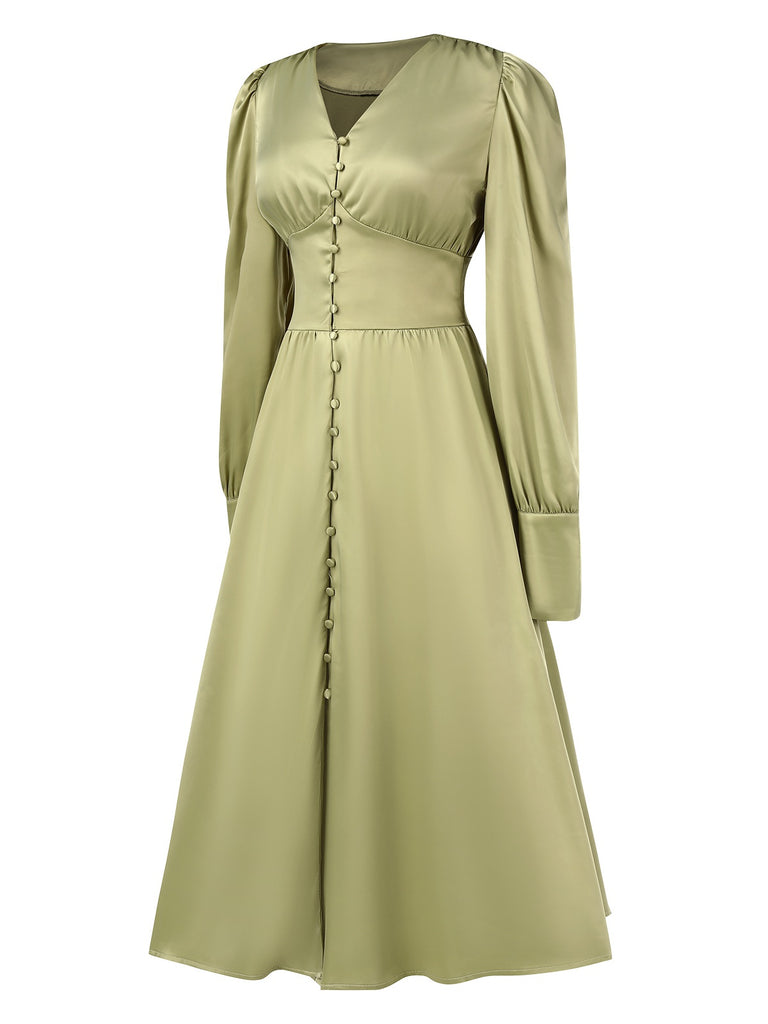 1940s Solid V-Neck Faux Satin Button Dress