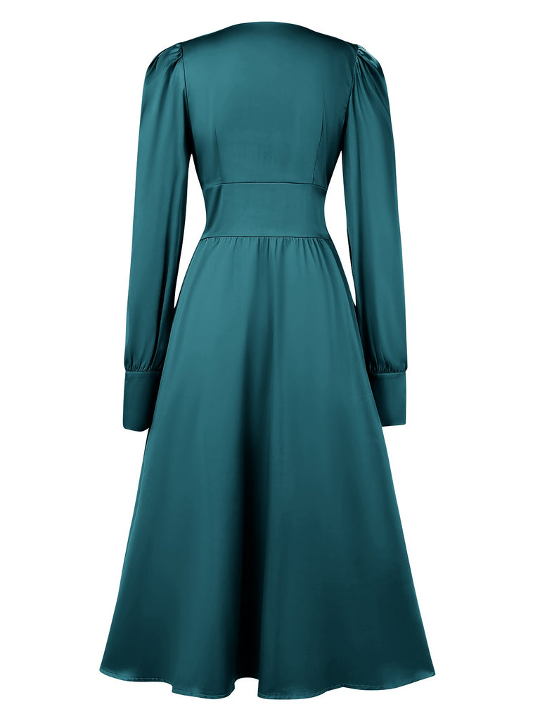 1940s Solid V-Neck Faux Satin Button Dress