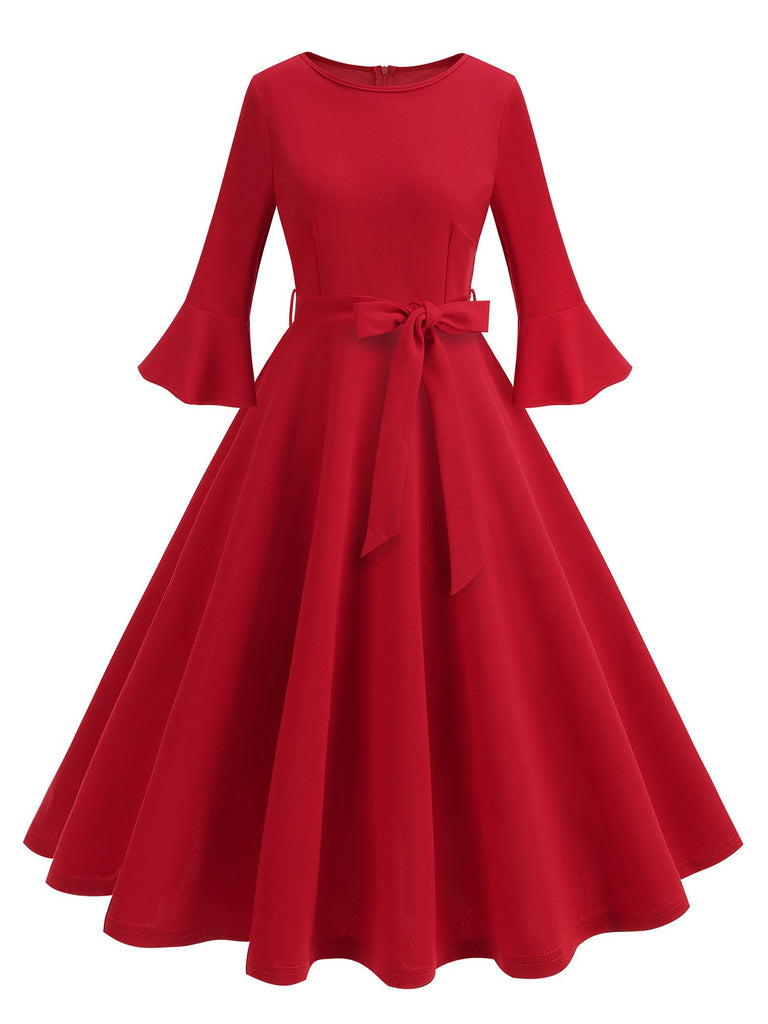 1950s Solid Bell Sleeves Swing Dress