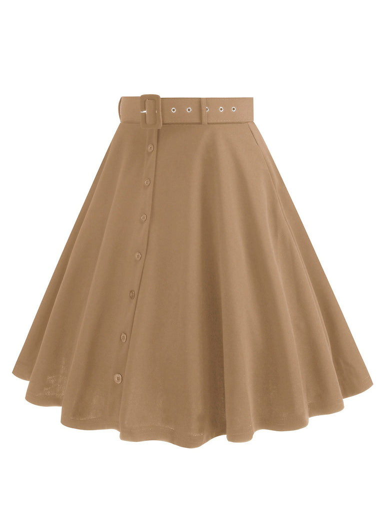 1950s Solid Pleated Button Belted Skirt