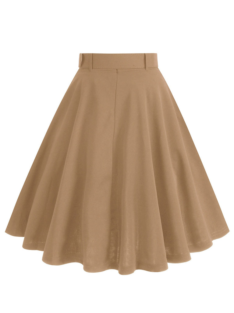 1950s Solid Pleated Button Belted Skirt