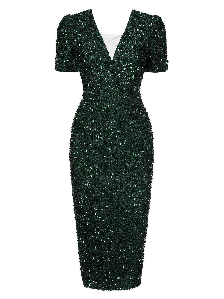 Green 1960s V-Neck Sequined Pencil Dress