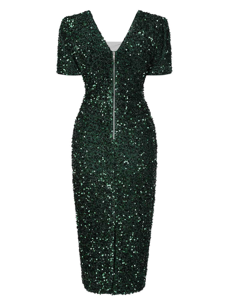 Green 1960s V-Neck Sequined Pencil Dress