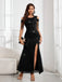 Black 1920s Cold-Shoulder Split Sequined Dress