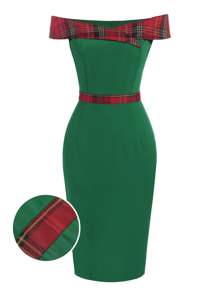 [Pre-Sale] Green 1960s Tartan Patchwork Off-Shoulder Dress