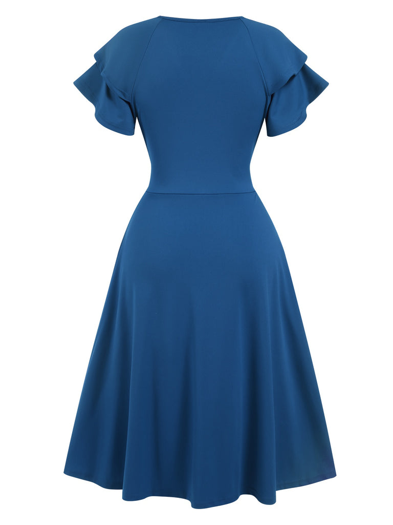 1940s Solid Double Sleeves V-Neck Dress