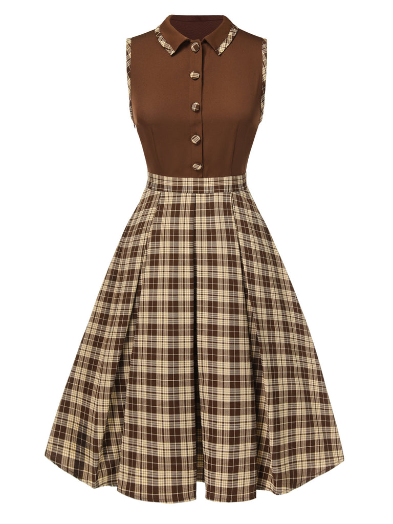 [Pre-Sale] Brown 1950s Plaids Lapel Patchwork Dress