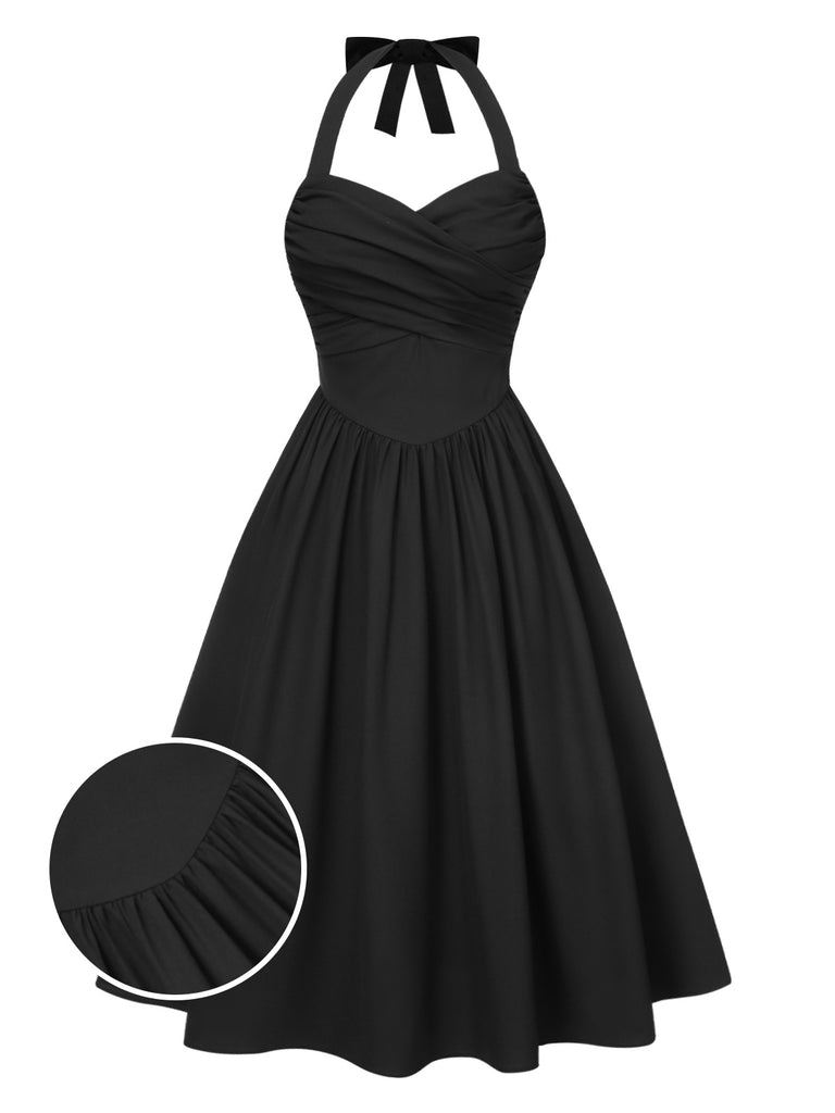 [Pre-Sale] Black 1950s Solid Halter Pleated Dress