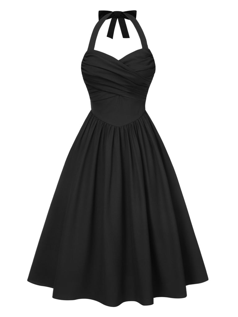 [Pre-Sale] Black 1950s Solid Halter Pleated Dress