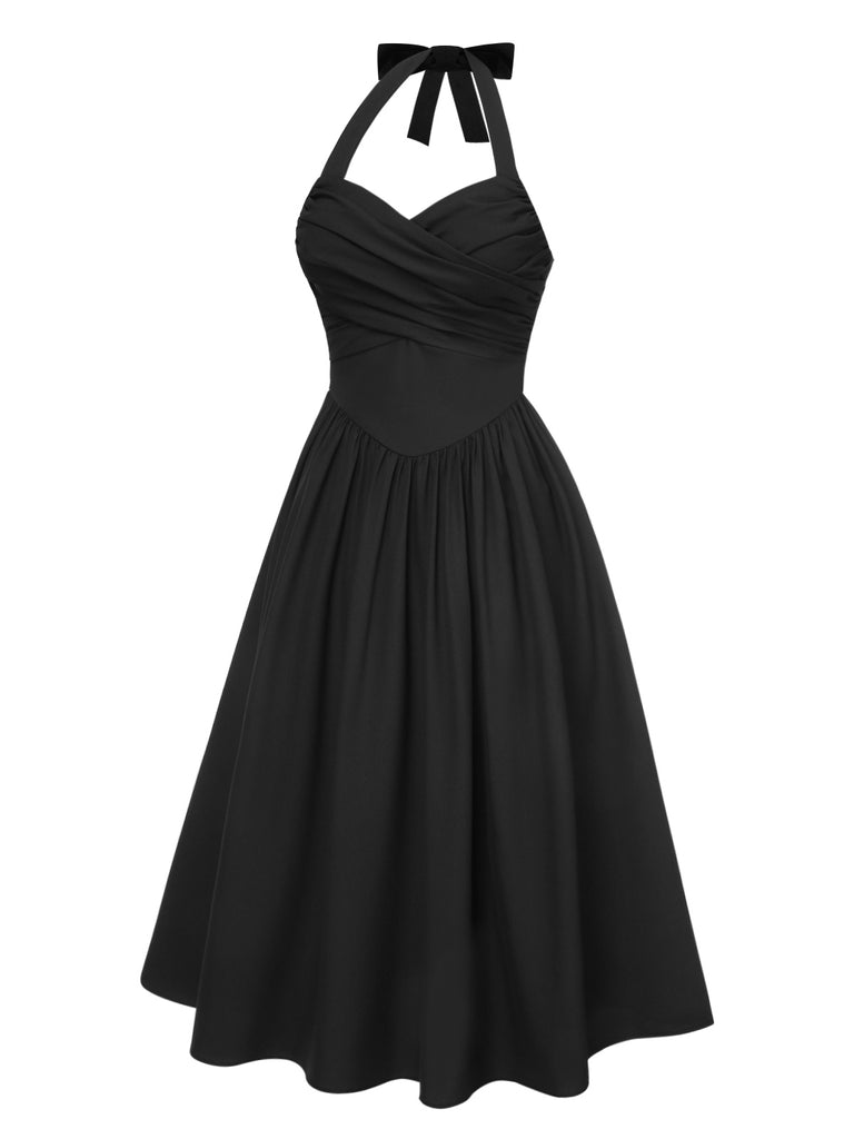 [Pre-Sale] Black 1950s Solid Halter Pleated Dress