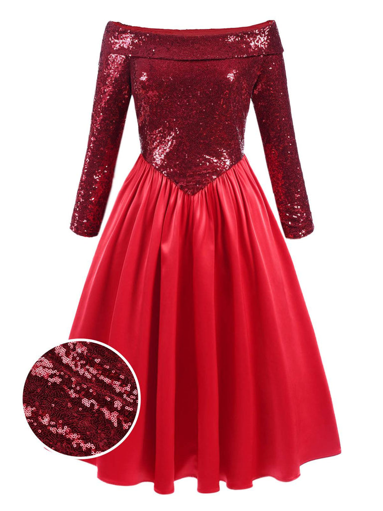 [Pre-Sale] Deep Red 1950s Off-Shoulder Sequined Dress