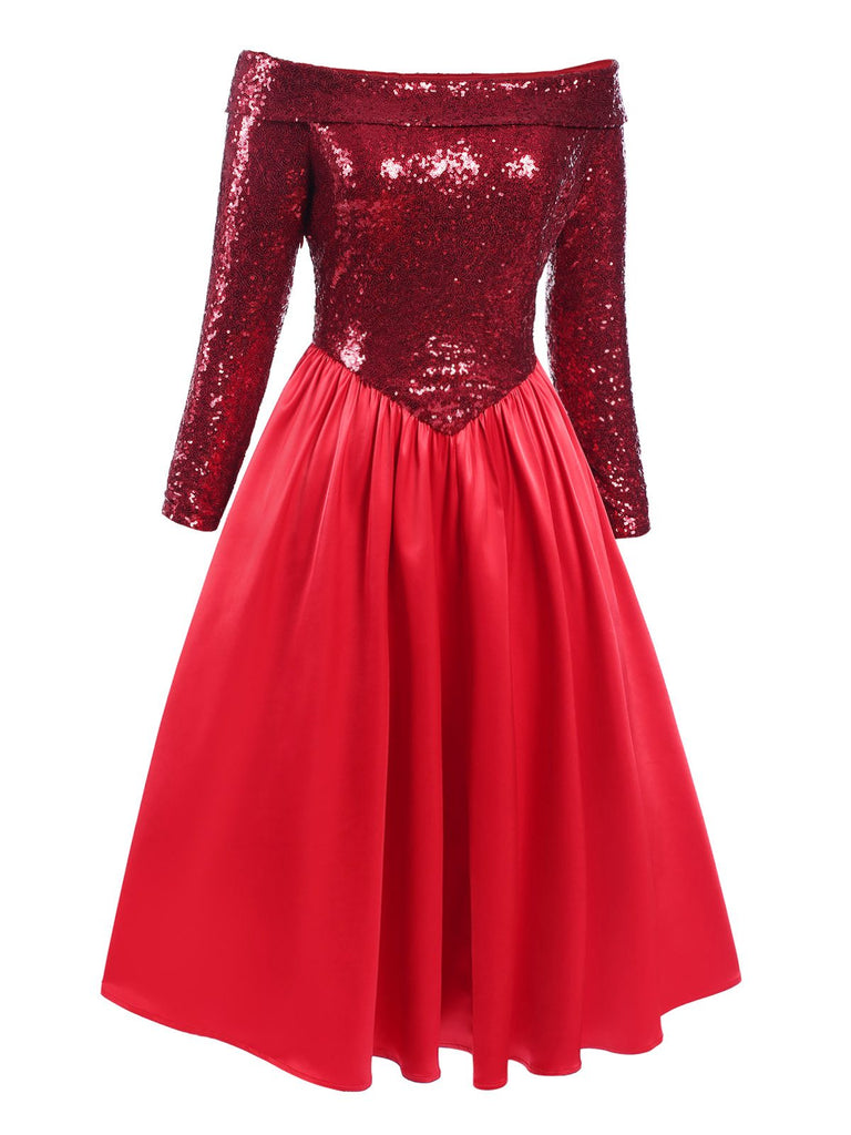 [Pre-Sale] Deep Red 1950s Off-Shoulder Sequined Dress