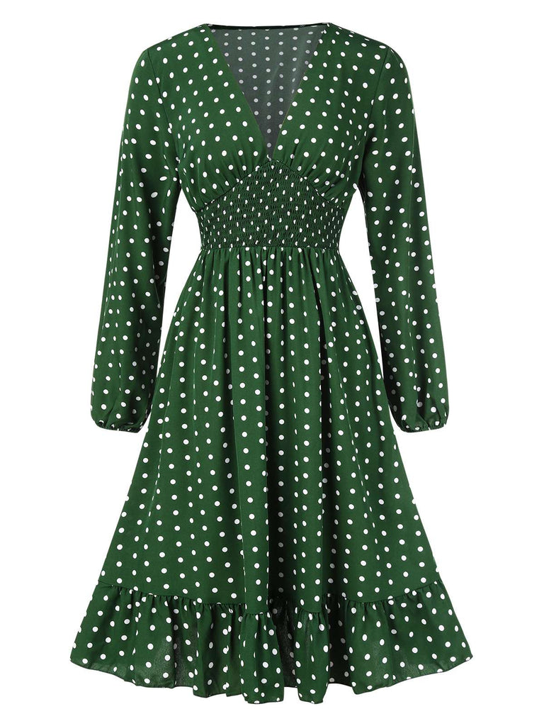 1940s Polka Dot Ruffle Hem Long Sleeves Dress