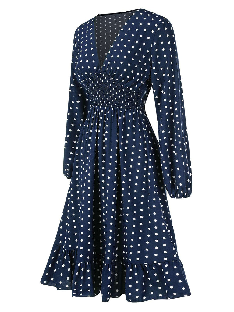 1940s Polka Dot Ruffle Hem Long Sleeves Dress