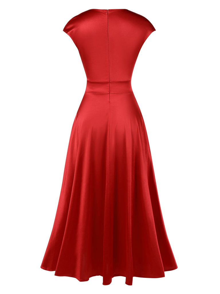 1950s Solid Deep V-Neck Satin Dress